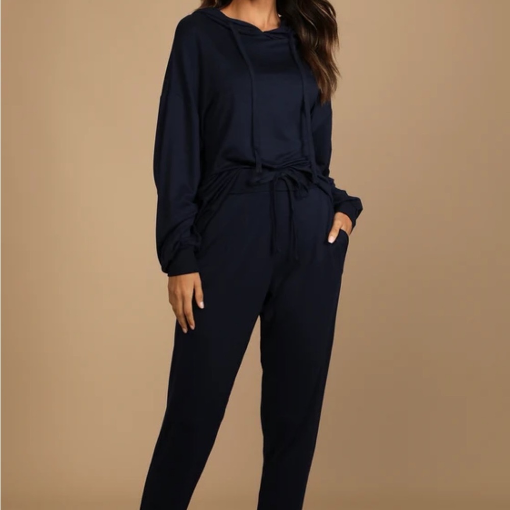 Navy Blue Raw Edge Drawstring Jogger Set